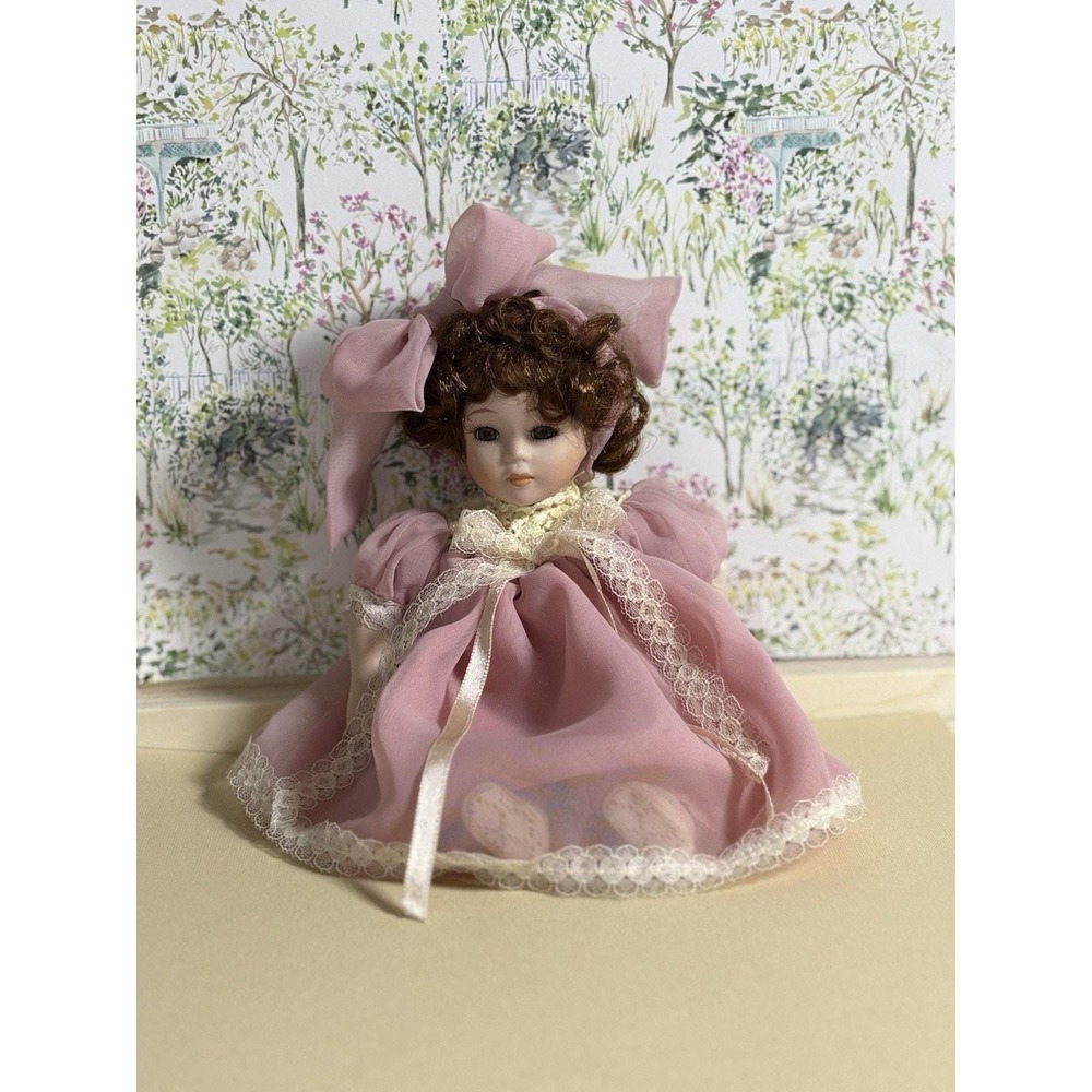 Vintage Porcelain Doll in Pink Dress with Lace & Bow
